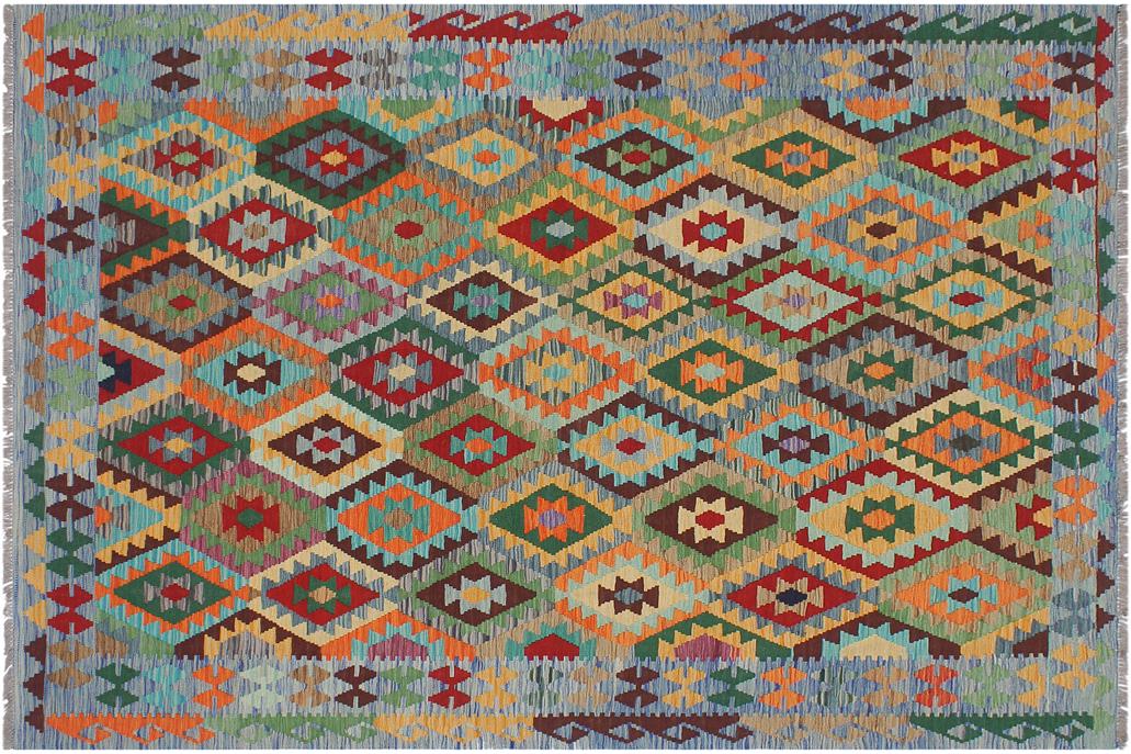 Flat Weave Kilim, Antique, Navaho, Vintage, Handmade, Geometric Kilim Red Blue Hand-Woven Rectangle 100% Wool Area Rug 6 x 8