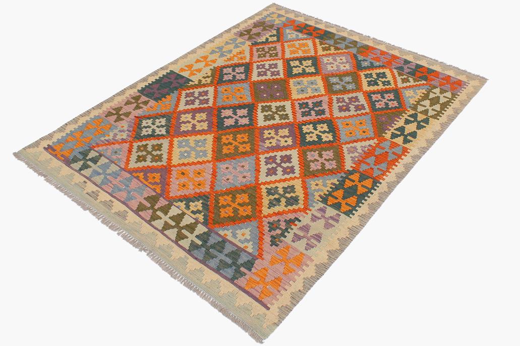 Flat Weave Kilim, Antique, Navaho, Vintage, Handmade, Geometric Kilim Rust Beige Hand-Woven Rectangle 100% Wool Area Rug 4 x 5