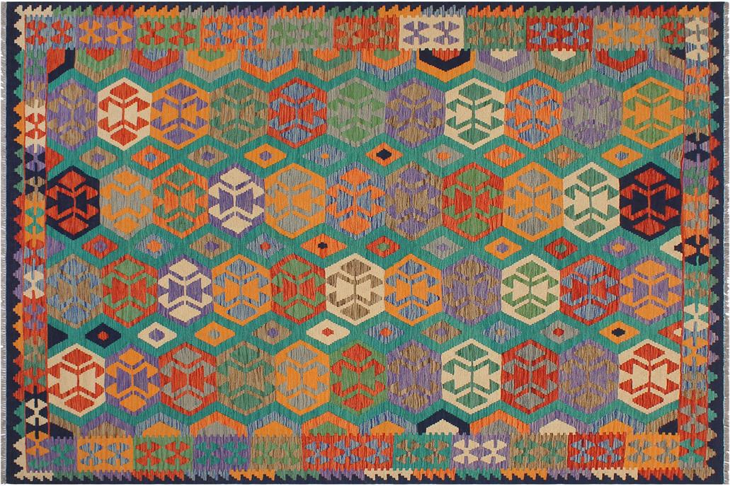 Flat Weave Kilim, Antique, Navaho, Vintage, Handmade, Geometric Kilim Green Blue Hand-Woven Rectangle 100% Wool Area Rug 6 x 8
