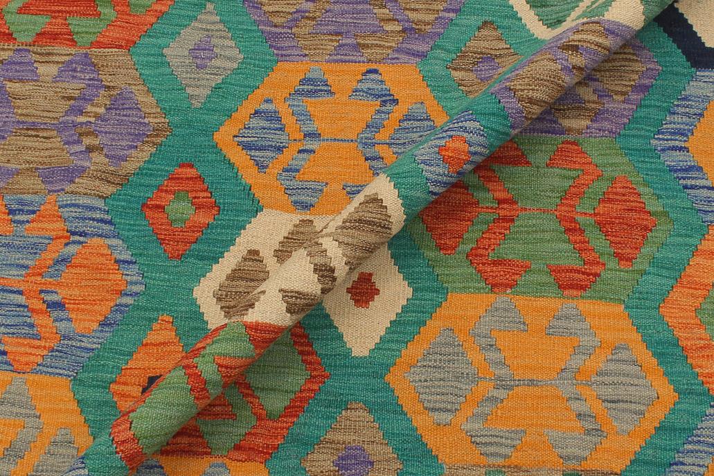 Flat Weave Kilim, Antique, Navaho, Vintage, Handmade, Geometric Kilim Green Blue Hand-Woven Rectangle 100% Wool Area Rug 6 x 8