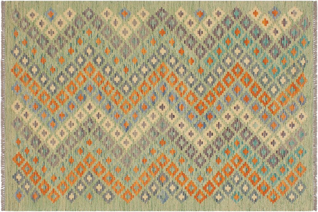 Flat Weave Kilim, Antique, Navaho, Vintage, Handmade, Modern Kilim Green Blue Hand-Woven Rectangle 100% Wool Area Rug 4 x 6