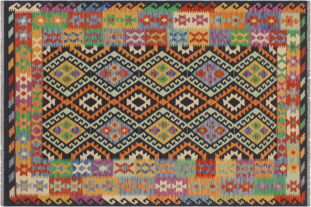 Flat Weave Kilim, Antique, Navaho, Vintage, Handmade, Geometric Kilim Blue Gold Hand-Woven Rectangle 100% Wool Area Rug 6 x 8