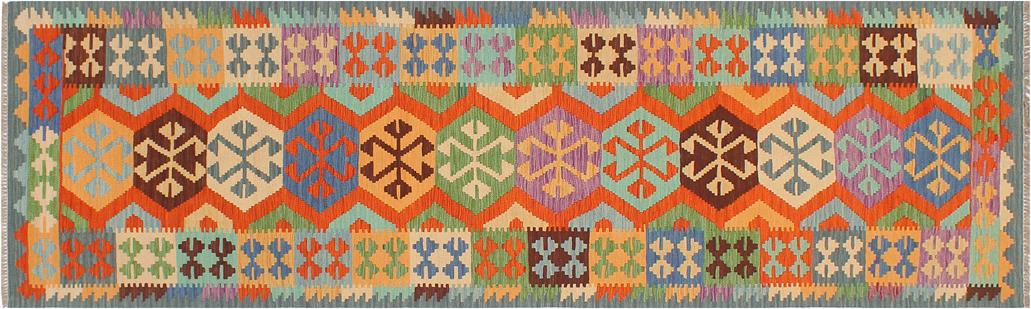 Flat Weave Kilim, Antique, Navaho, Vintage, Handmade, Geometric Kilim Rust Blue Hand-Woven Runner 100% Wool Area Rug 3 x 10