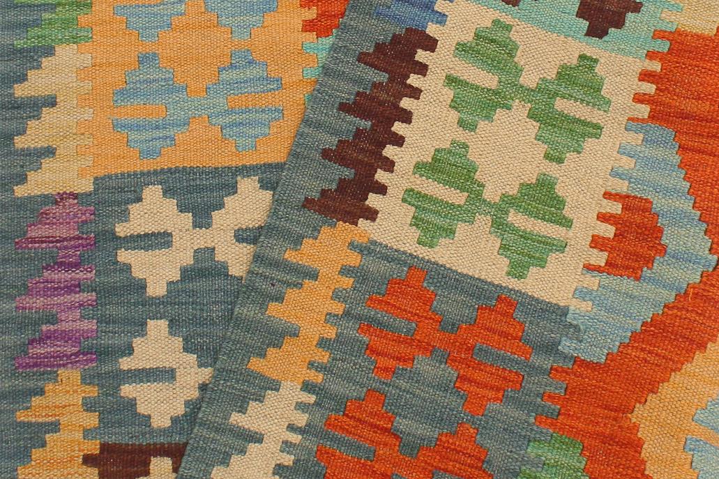 Flat Weave Kilim, Antique, Navaho, Vintage, Handmade, Geometric Kilim Rust Blue Hand-Woven Runner 100% Wool Area Rug 3 x 10