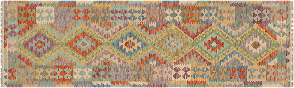 Flat Weave Kilim, Antique, Navaho, Vintage, Handmade, Geometric Kilim Gold Blue Hand-Woven Runner 100% Wool Area Rug 3 x 10