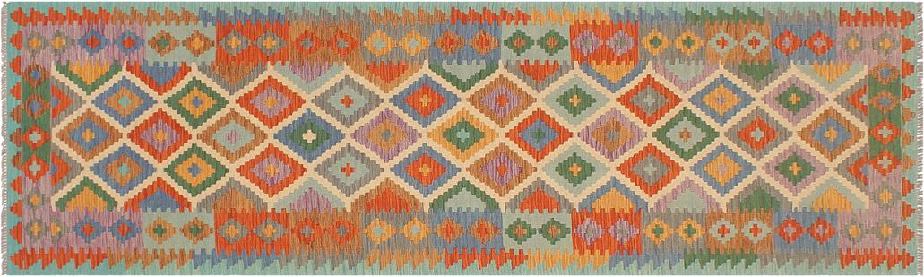 Flat Weave Kilim, Antique, Navaho, Vintage, Handmade, Geometric Kilim Beige Blue Hand-Woven Runner 100% Wool Area Rug 3 x 10