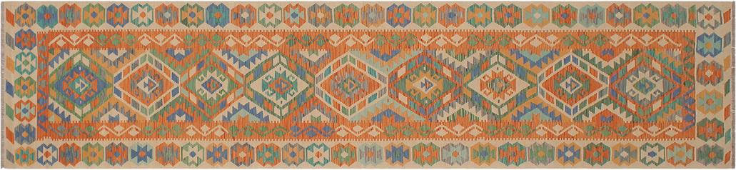 Flat Weave Kilim, Antique, Navaho, Vintage, Handmade, Geometric Kilim Blue Beige Hand-Woven Runner 100% Wool Area Rug 3 x 13
