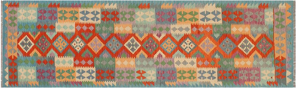 Flat Weave Kilim, Antique, Navaho, Vintage, Handmade, Geometric Kilim Rust Blue Hand-Woven Runner 100% Wool Area Rug 3 x 10