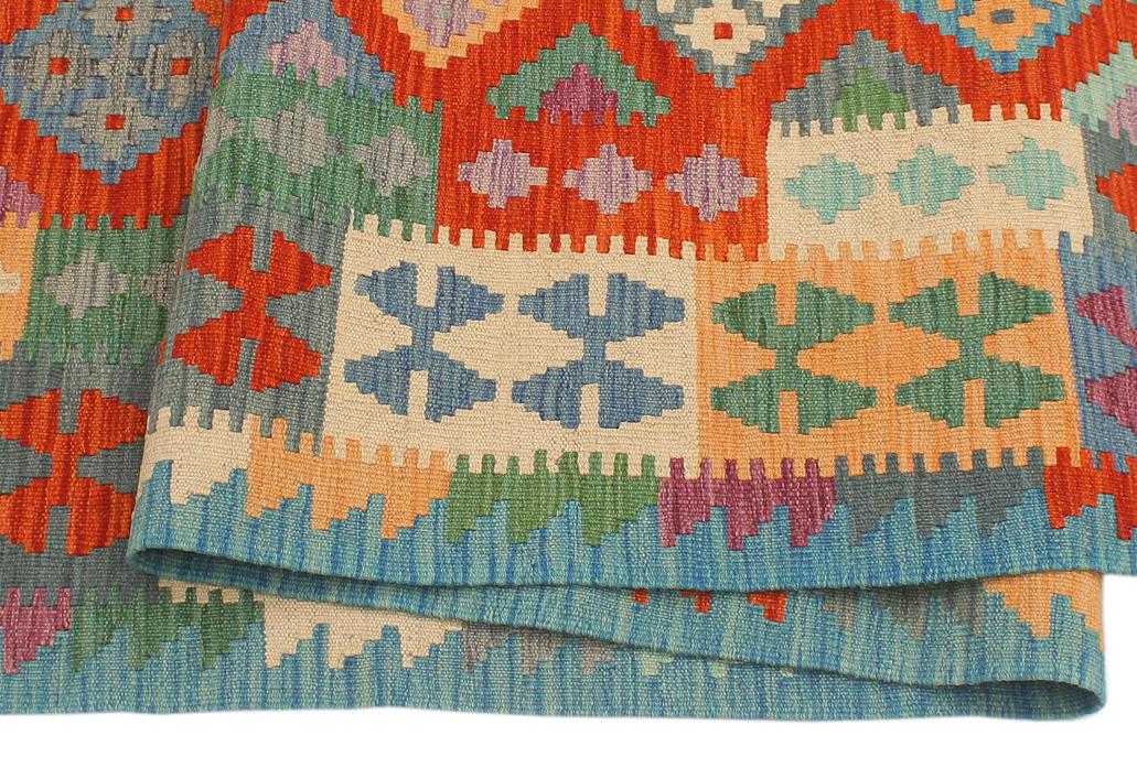 Flat Weave Kilim, Antique, Navaho, Vintage, Handmade, Geometric Kilim Rust Blue Hand-Woven Runner 100% Wool Area Rug 3 x 10