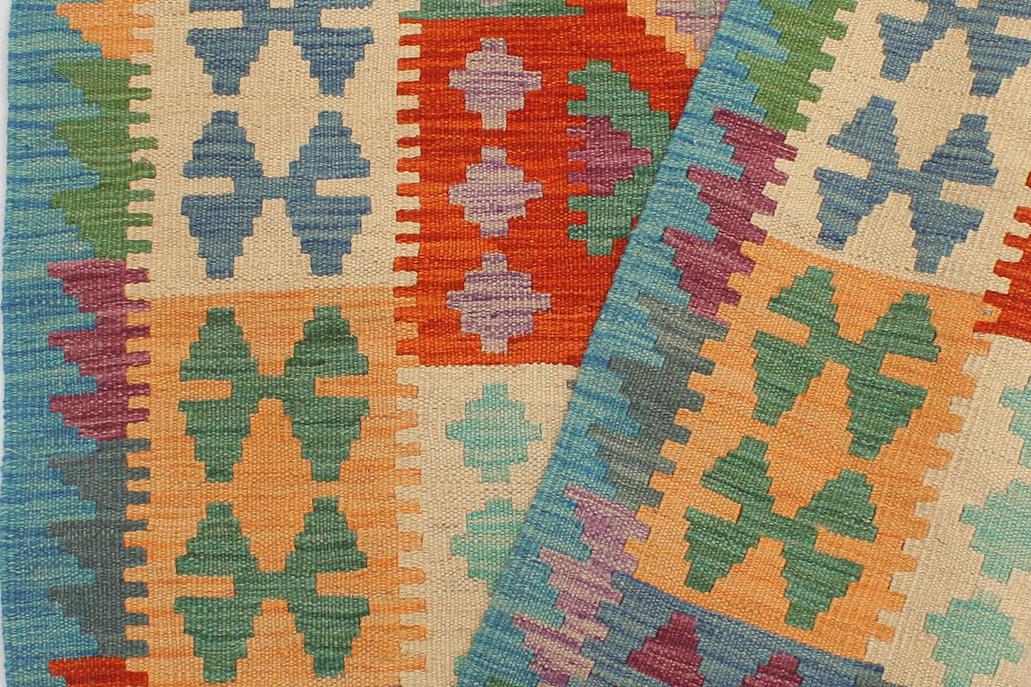 Flat Weave Kilim, Antique, Navaho, Vintage, Handmade, Geometric Kilim Rust Blue Hand-Woven Runner 100% Wool Area Rug 3 x 10