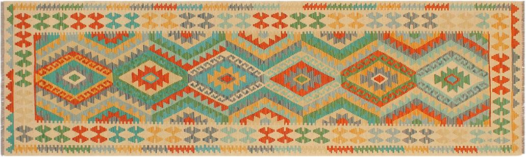 Flat Weave Kilim, Antique, Navaho, Vintage, Handmade, Geometric Kilim Blue Beige Hand-Woven Runner 100% Wool Area Rug 3 x 10