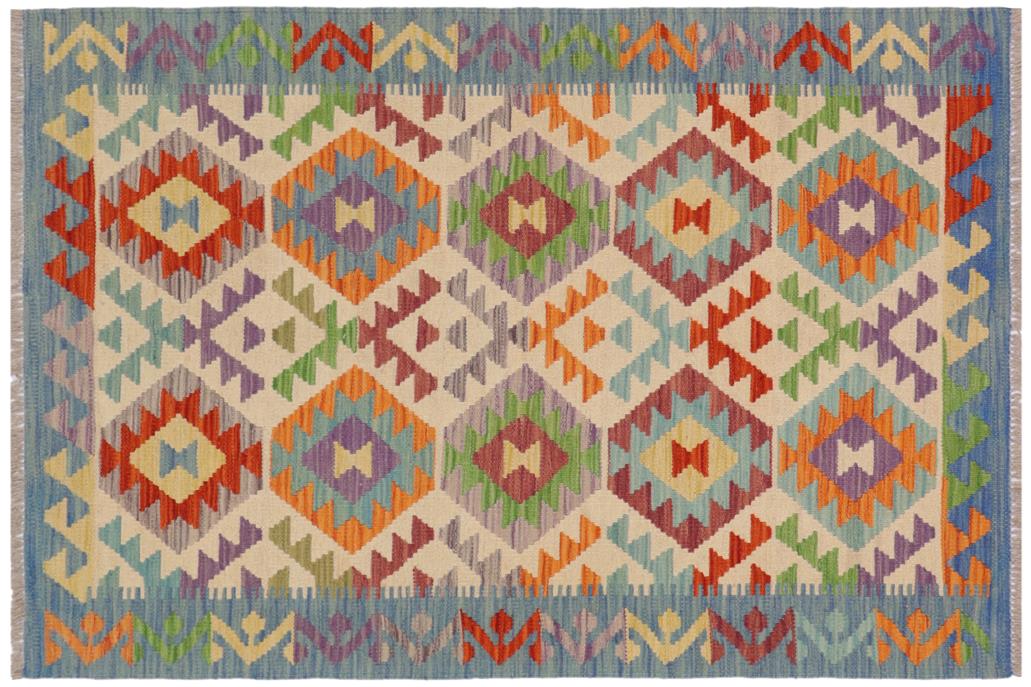 Flat Weave Kilim, Antique, Navaho, Vintage, Handmade, Geometric Kilim Beige Blue Hand-Woven Rectangle 100% Wool Area Rug 3 x 5