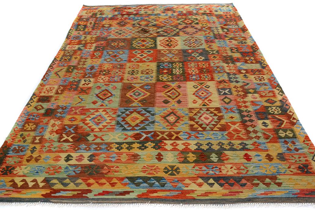 Flat Weave Kilim, Antique, Navaho, Vintage, Handmade, Geometric Kilim Gray Blue Hand-Woven Rectangle 100% Wool Area Rug 7 x 10