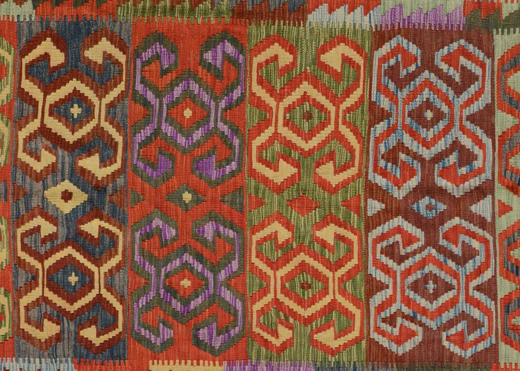 Flat Weave Kilim, Antique, Navaho, Vintage, Handmade, Geometric Kilim Red Green Hand-Woven Rectangle 100% Wool Area Rug 7 x 10