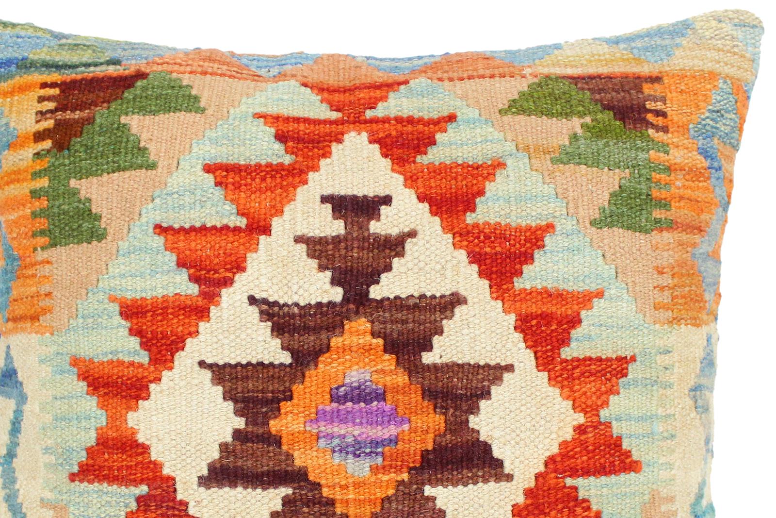handmade Traditional Pillow Rust Blue Hand-Woven SQUARE 100% WOOL kilim throw pillow
