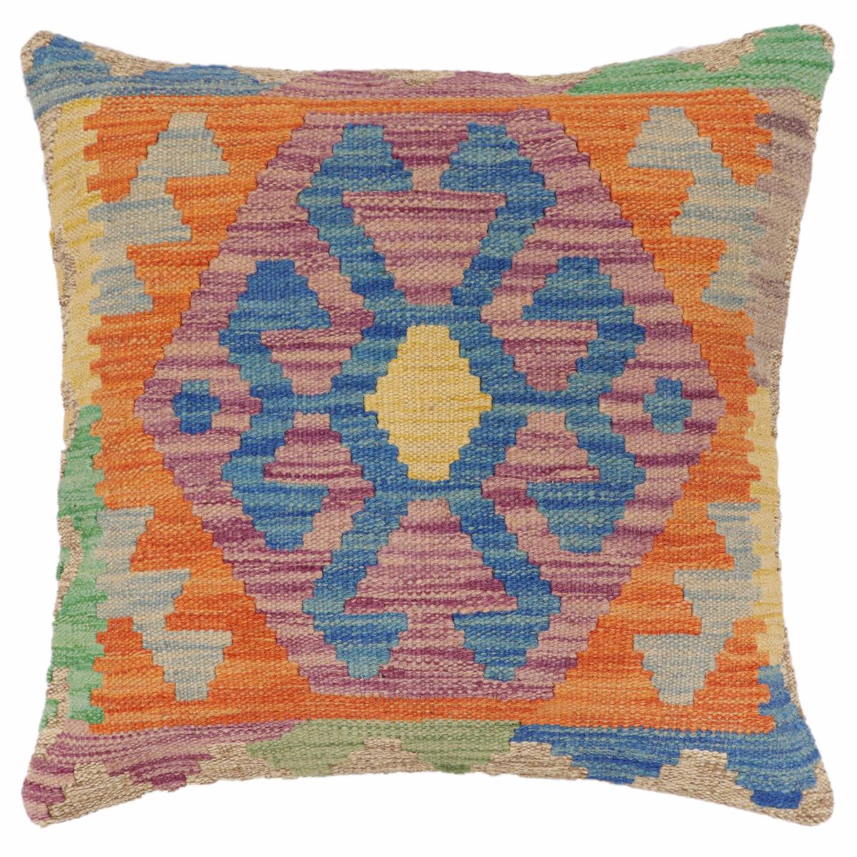 handmade Traditional Pillow Blue Orange Hand-Woven SQUARE 100% WOOL Hand woven turkish pillow2' x 2'
