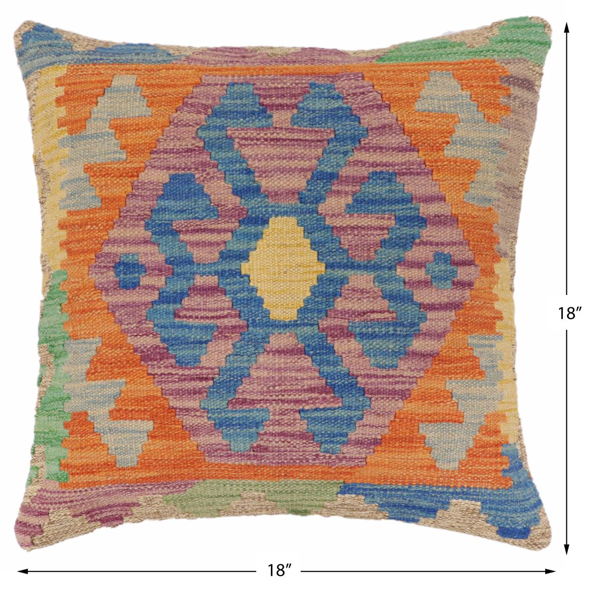 handmade Traditional Pillow Blue Orange Hand-Woven SQUARE 100% WOOL Hand woven turkish pillow2' x 2'