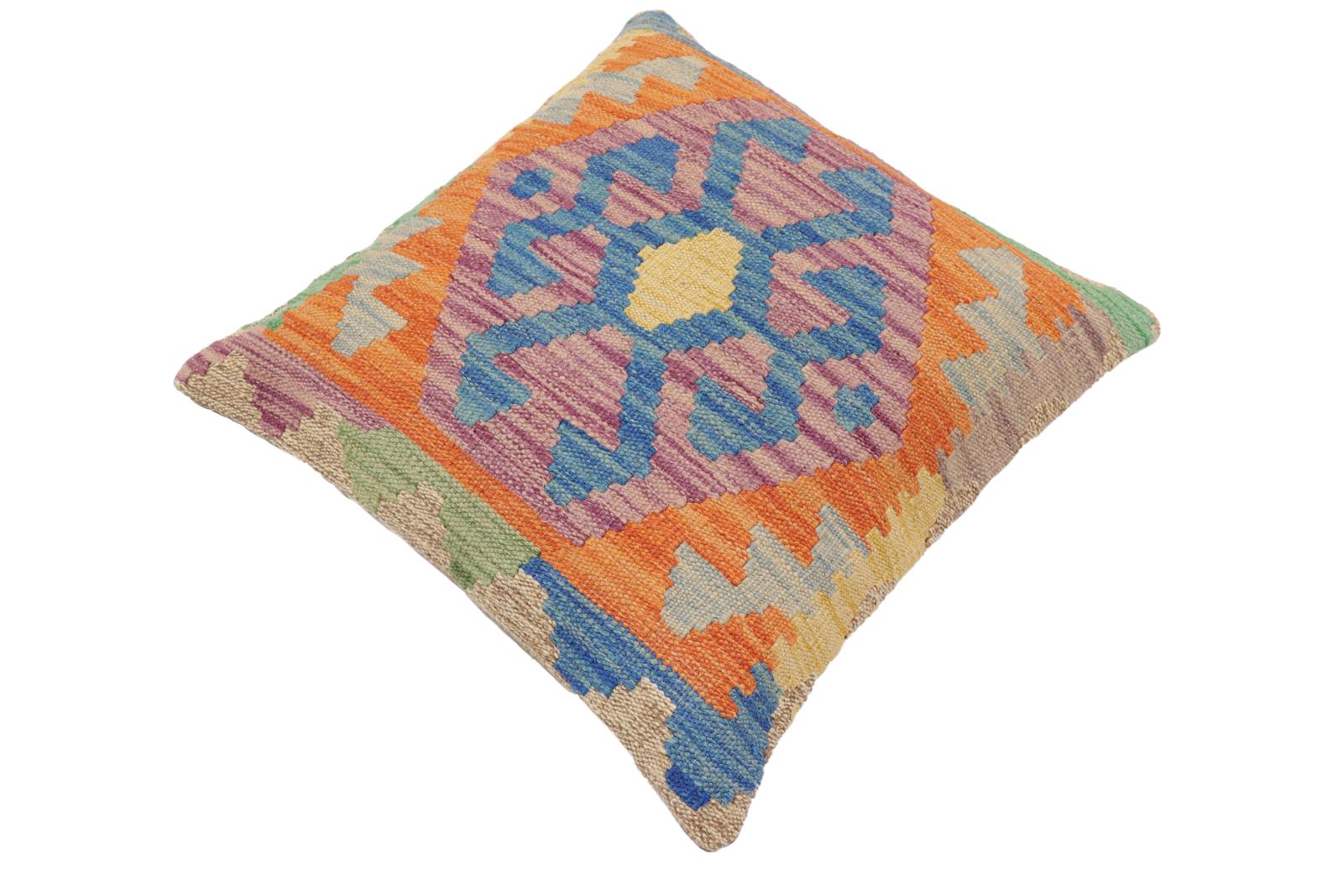 handmade Traditional Pillow Blue Orange Hand-Woven SQUARE 100% WOOL Hand woven turkish pillow2' x 2'