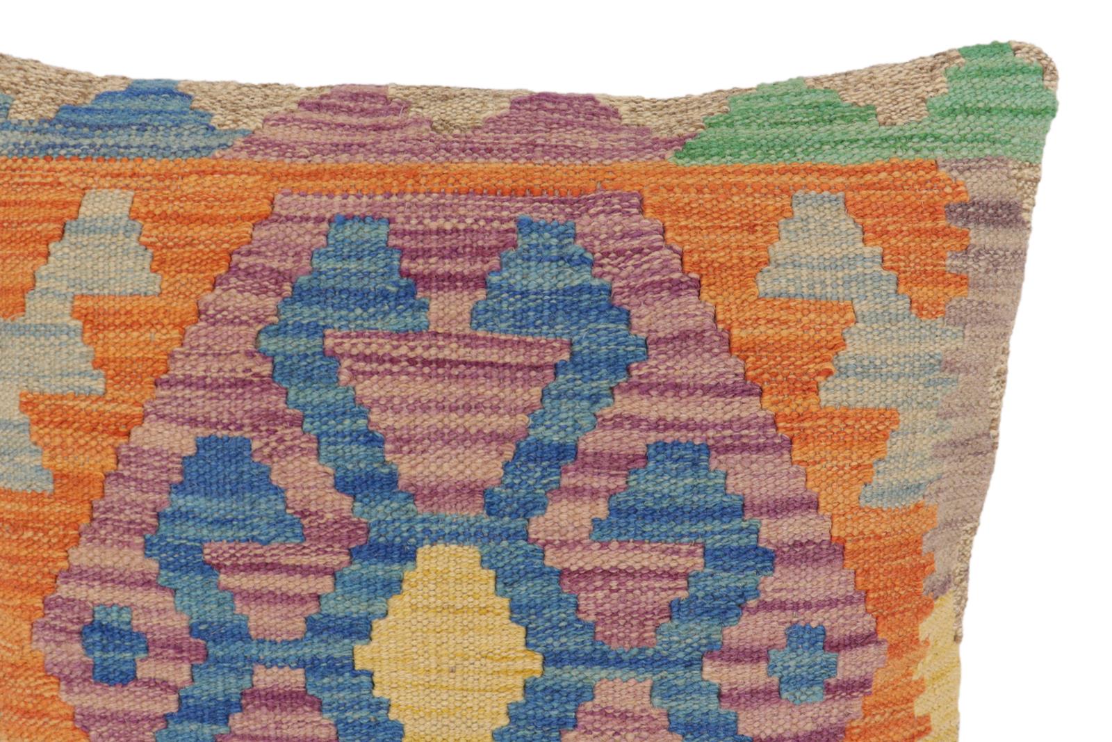 handmade Traditional Pillow Blue Orange Hand-Woven SQUARE 100% WOOL Hand woven turkish pillow2' x 2'