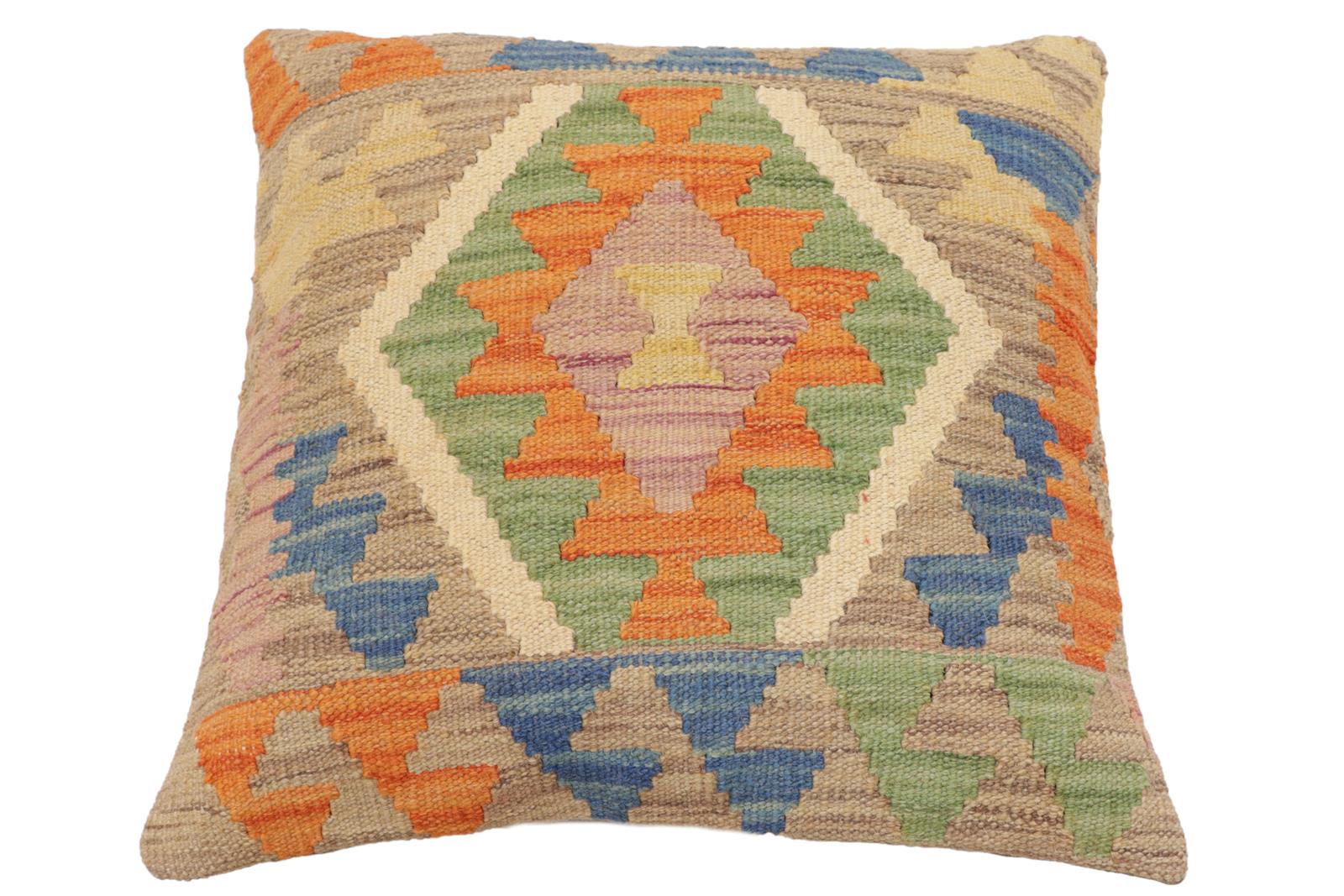 handmade Traditional Pillow Blue Orange Hand-Woven SQUARE 100% WOOL Hand woven turkish pillow2' x 2'