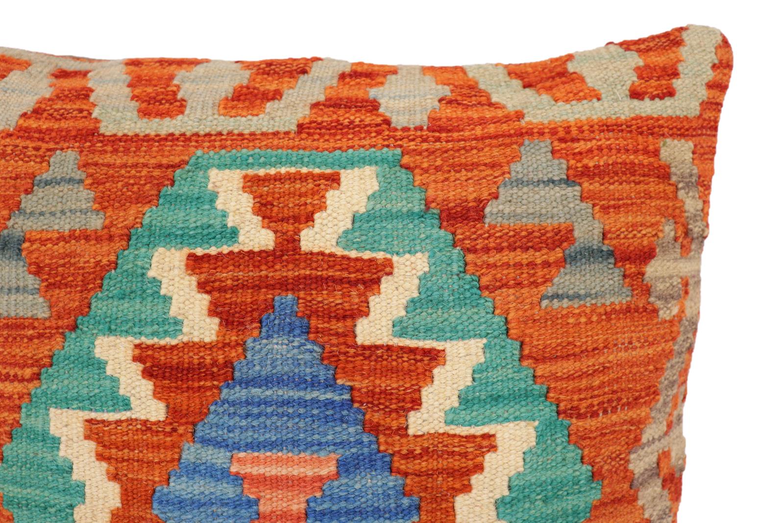 handmade Traditional Pillow Rust Blue Hand-Woven SQUARE 100% WOOL Hand woven turkish pillow2' x 2'