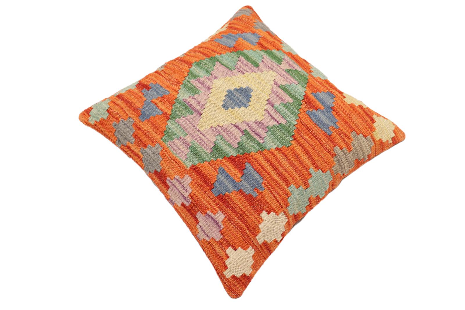 handmade Traditional Pillow Rust Blue Hand-Woven SQUARE 100% WOOL Hand woven turkish pillow2' x 2'