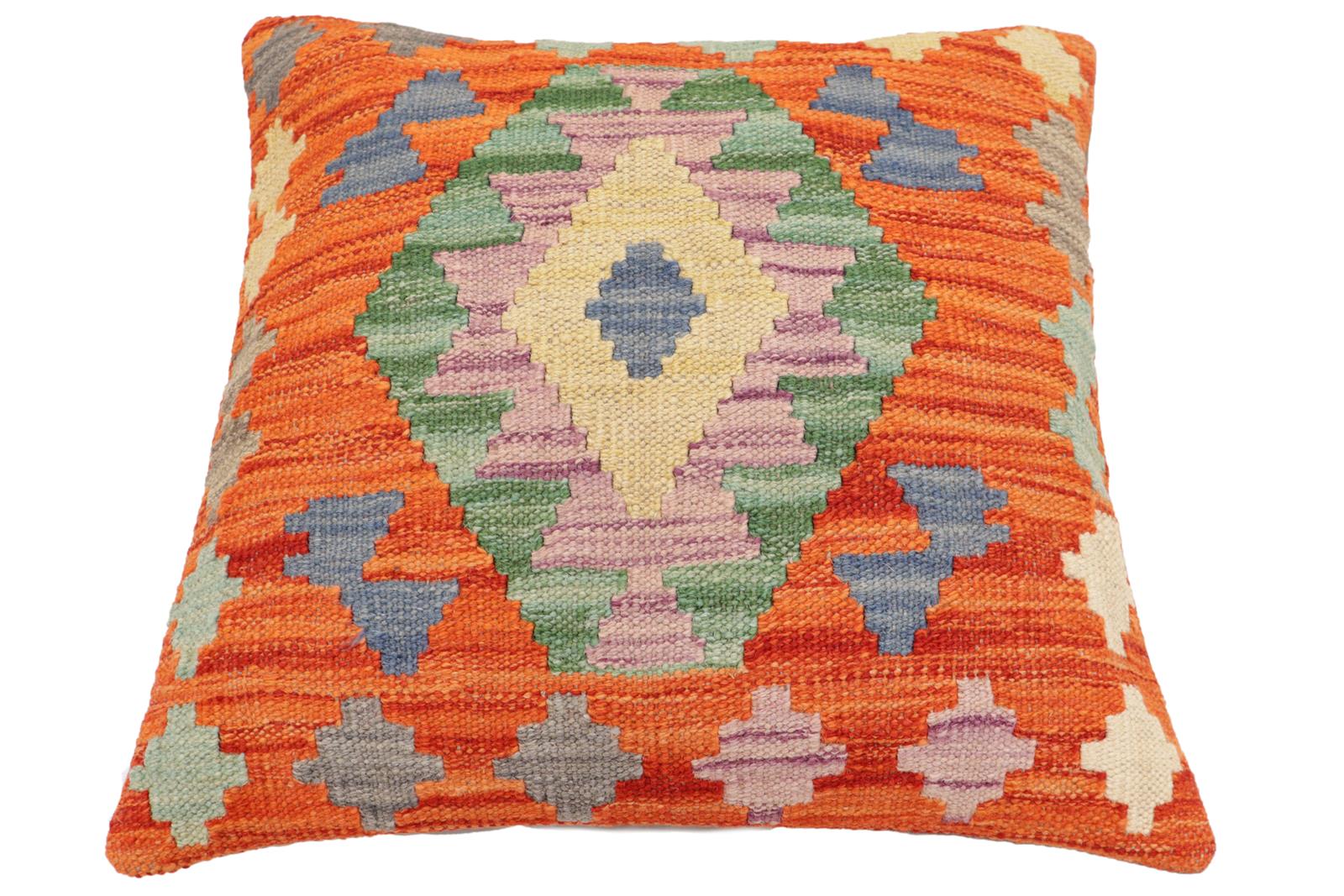 handmade Traditional Pillow Rust Blue Hand-Woven SQUARE 100% WOOL Hand woven turkish pillow2' x 2'