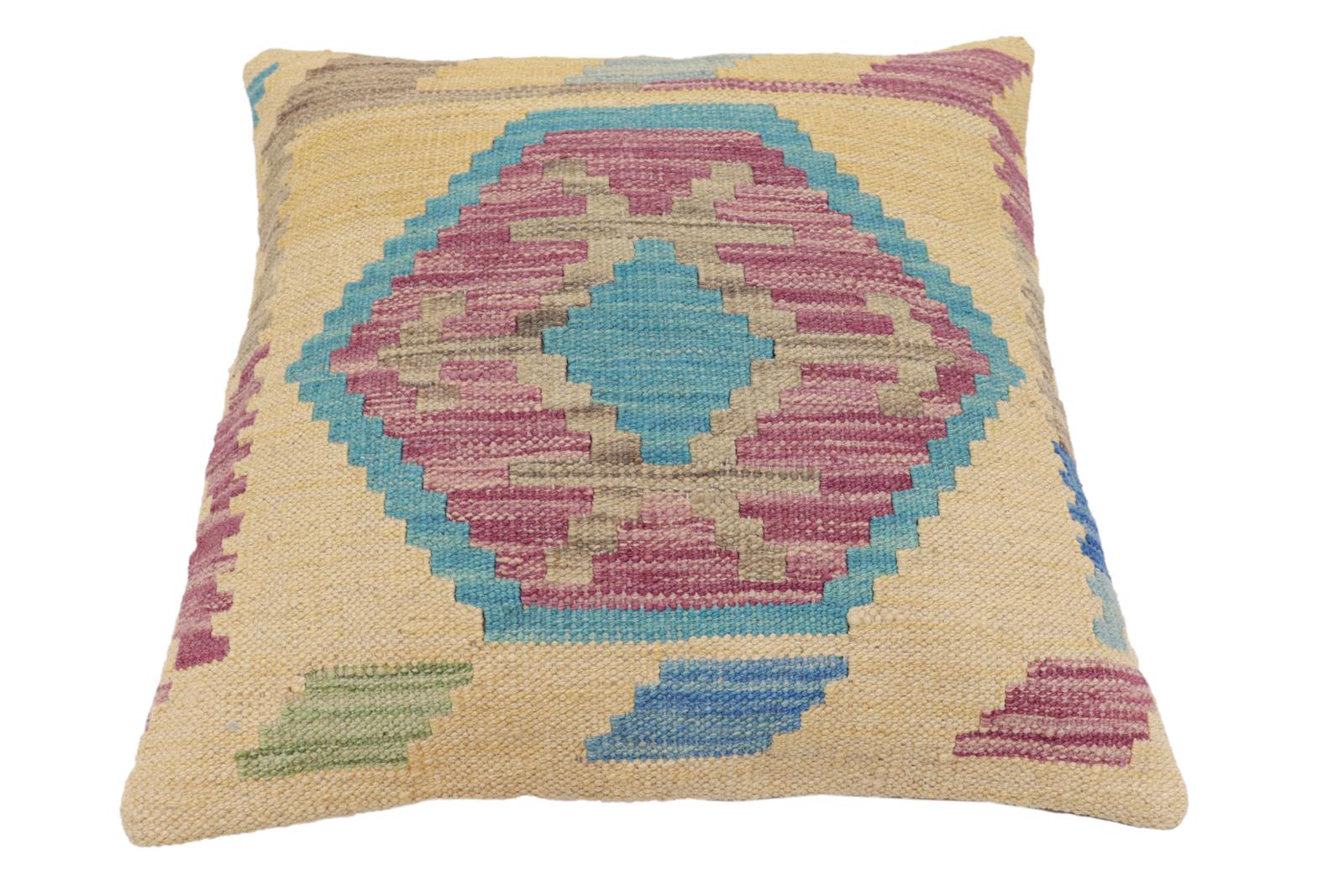 handmade Traditional Pillow Blue Gray Hand-Woven SQUARE 100% WOOL Hand woven turkish pillow2' x 2'