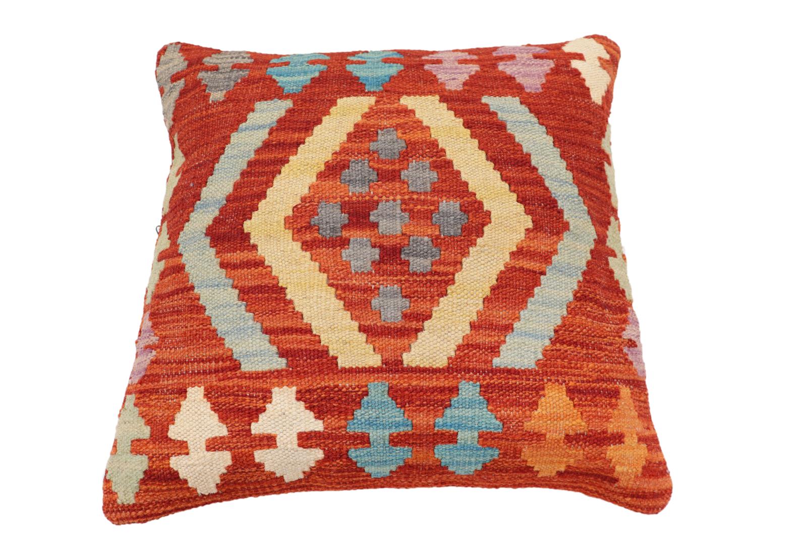 handmade Traditional Pillow Rust Blue Hand-Woven SQUARE 100% WOOL Hand woven turkish pillow2' x 2'