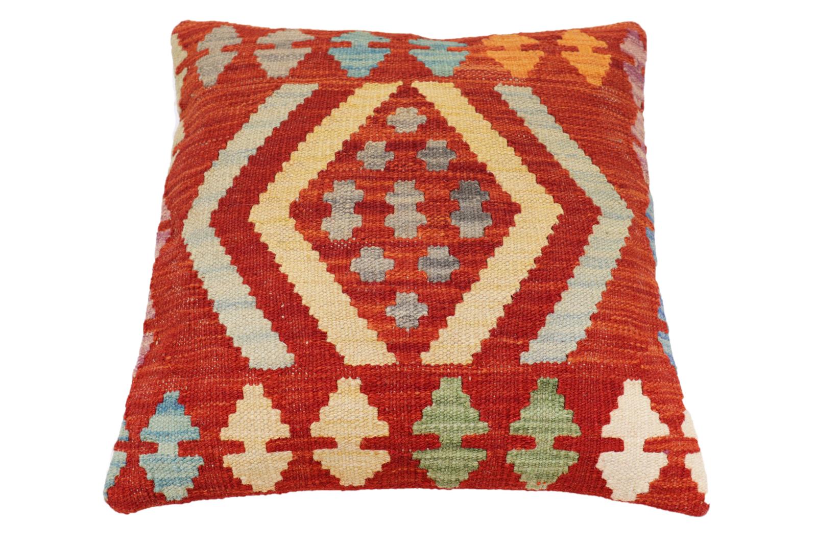 handmade Traditional Pillow Rust Blue Hand-Woven SQUARE 100% WOOL Hand woven turkish pillow2' x 2'