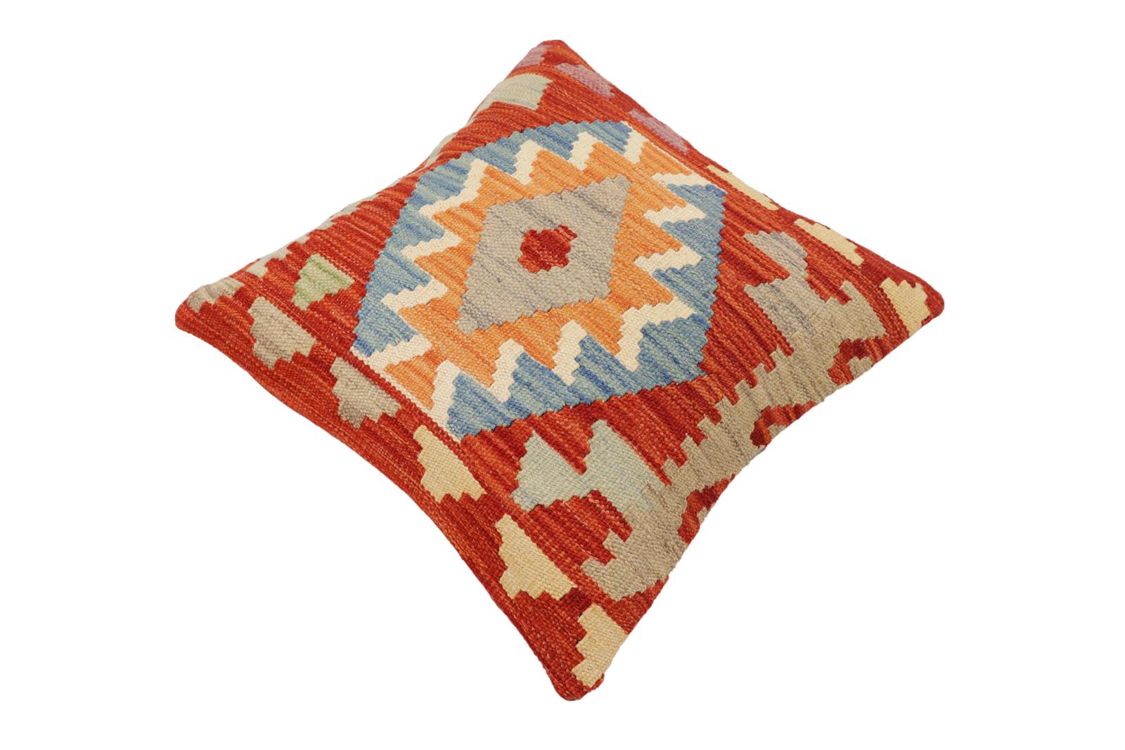handmade Traditional Pillow Rust Blue Hand-Woven SQUARE 100% WOOL Hand woven turkish pillow2' x 2'