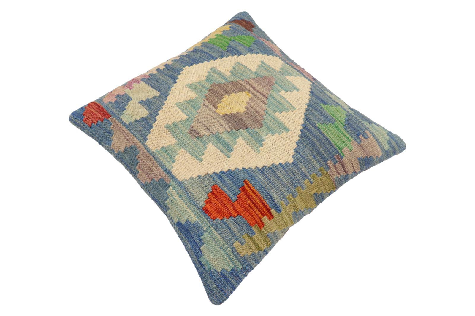 handmade Traditional Pillow Blue Rust Hand-Woven SQUARE 100% WOOL Hand woven turkish pillow2' x 2'