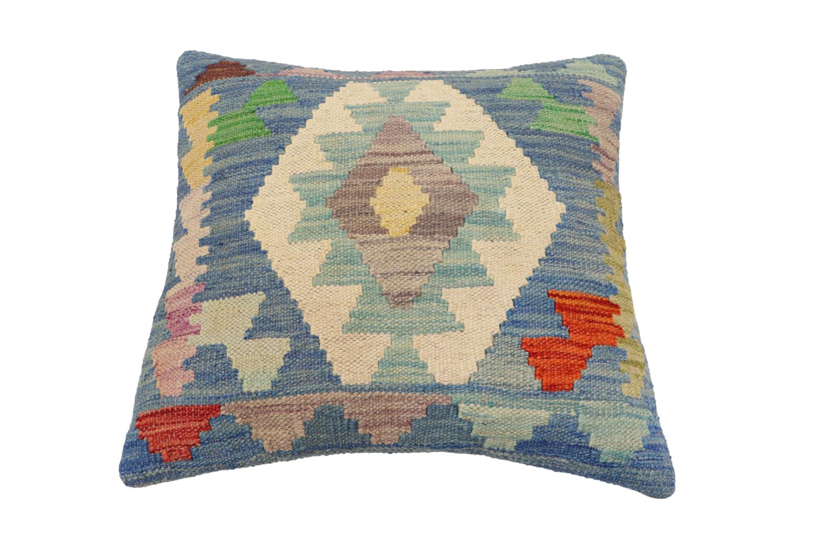 handmade Traditional Pillow Blue Rust Hand-Woven SQUARE 100% WOOL Hand woven turkish pillow2' x 2'