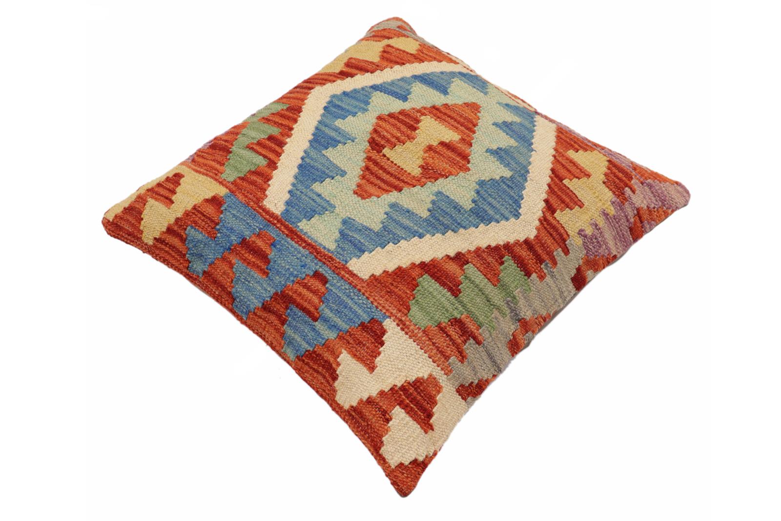handmade Traditional Pillow Rust Blue Hand-Woven SQUARE 100% WOOL Hand woven turkish pillow2' x 2'