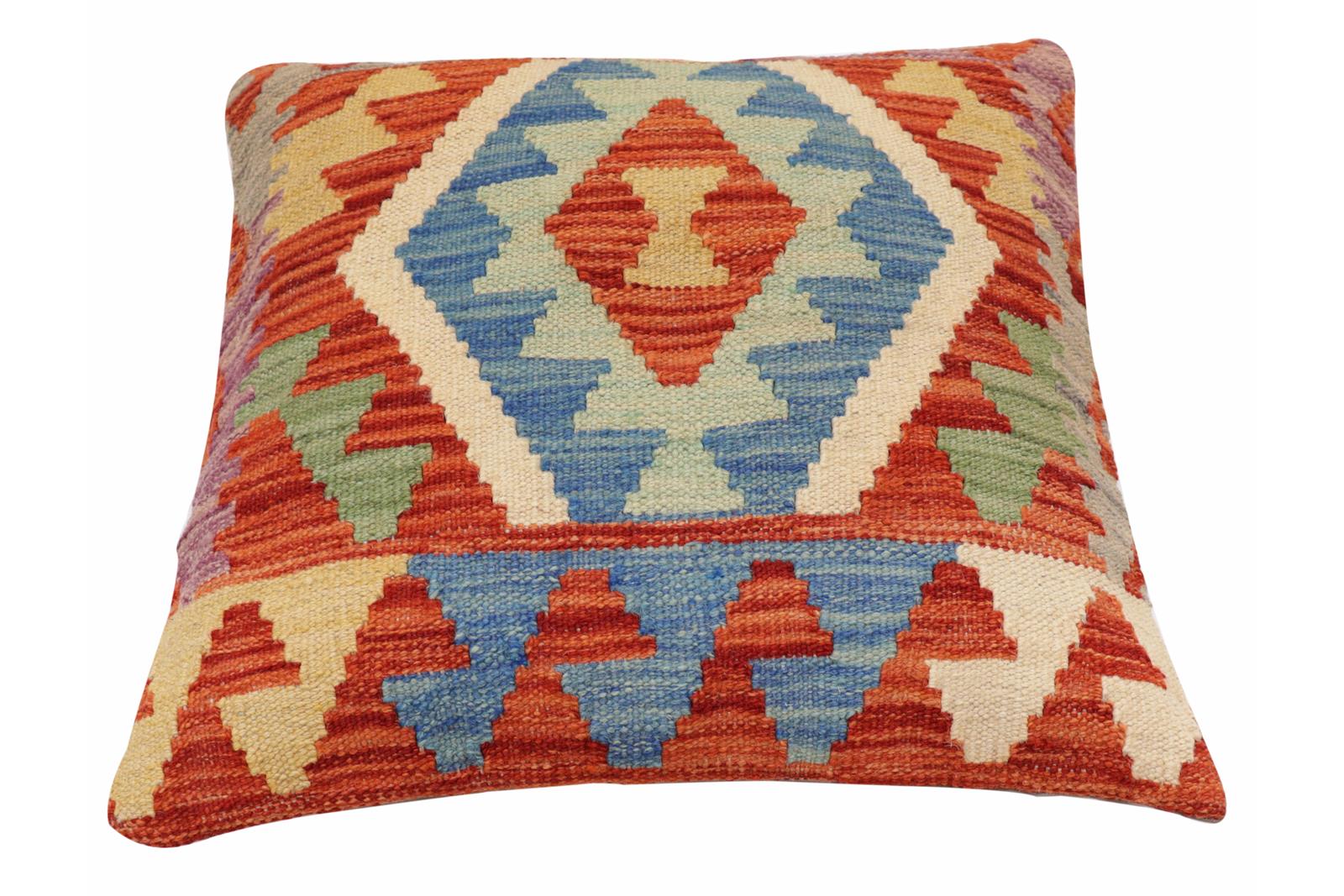 handmade Traditional Pillow Rust Blue Hand-Woven SQUARE 100% WOOL Hand woven turkish pillow2' x 2'