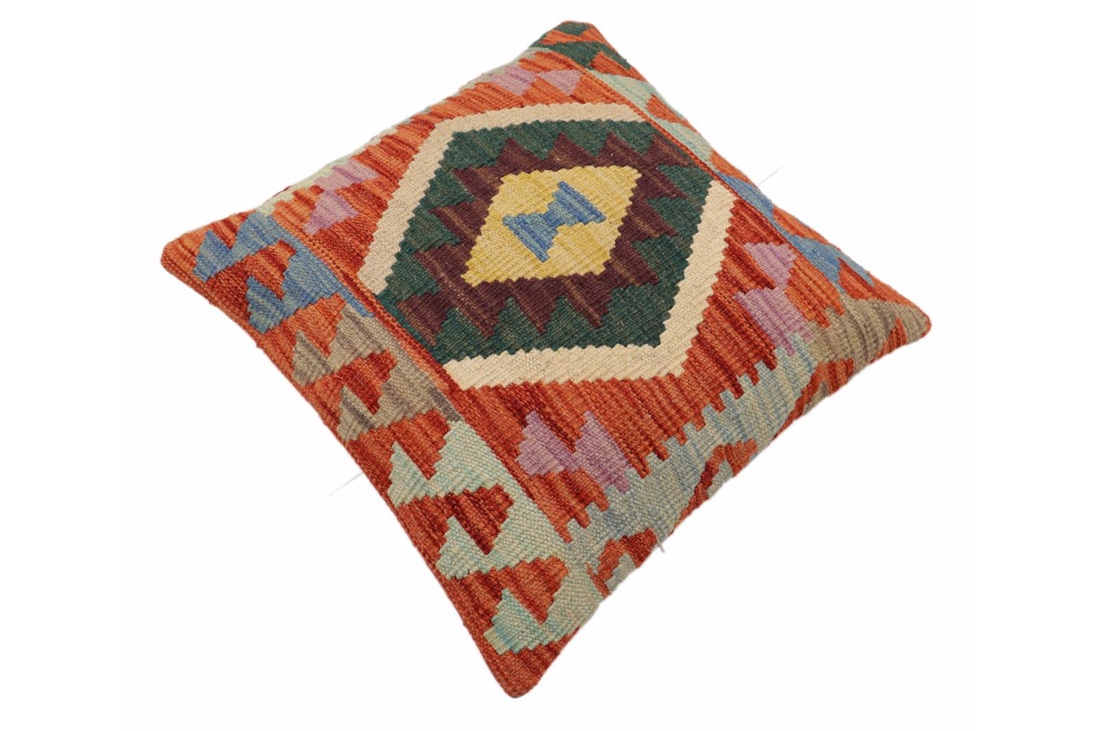handmade Traditional Pillow Rust Blue Hand-Woven SQUARE 100% WOOL Hand woven turkish pillow2' x 2'
