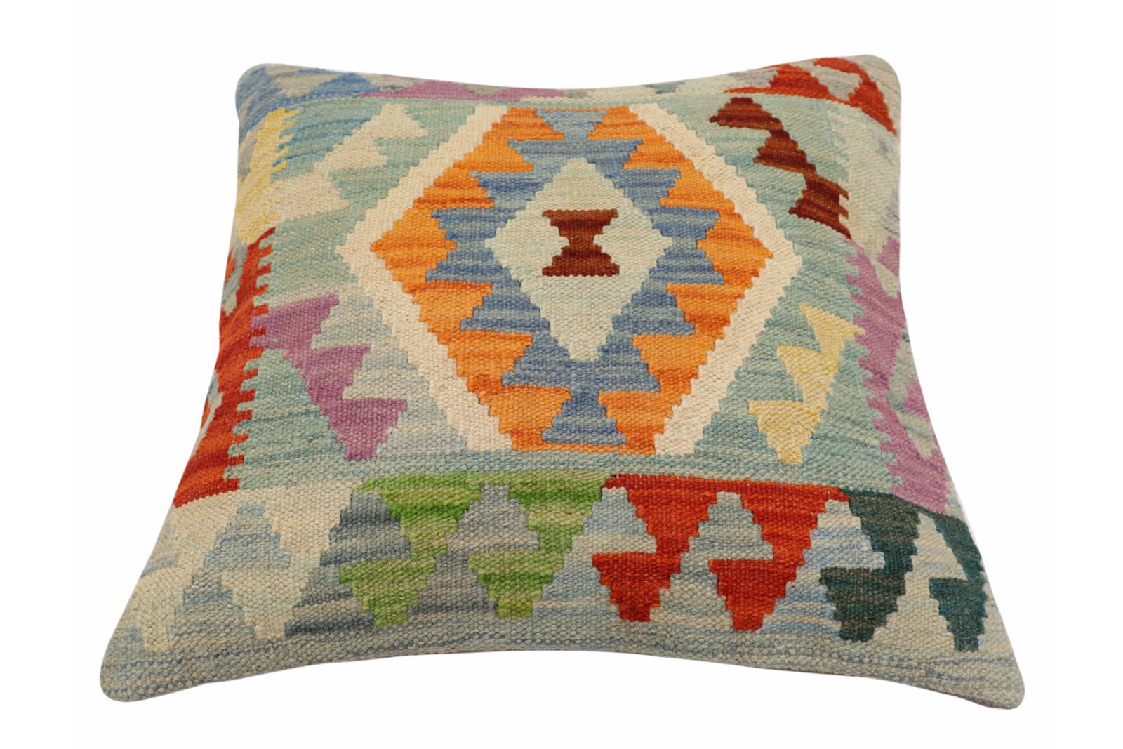 handmade Traditional Pillow Blue Rust Hand-Woven SQUARE 100% WOOL Hand woven turkish pillow2' x 2'