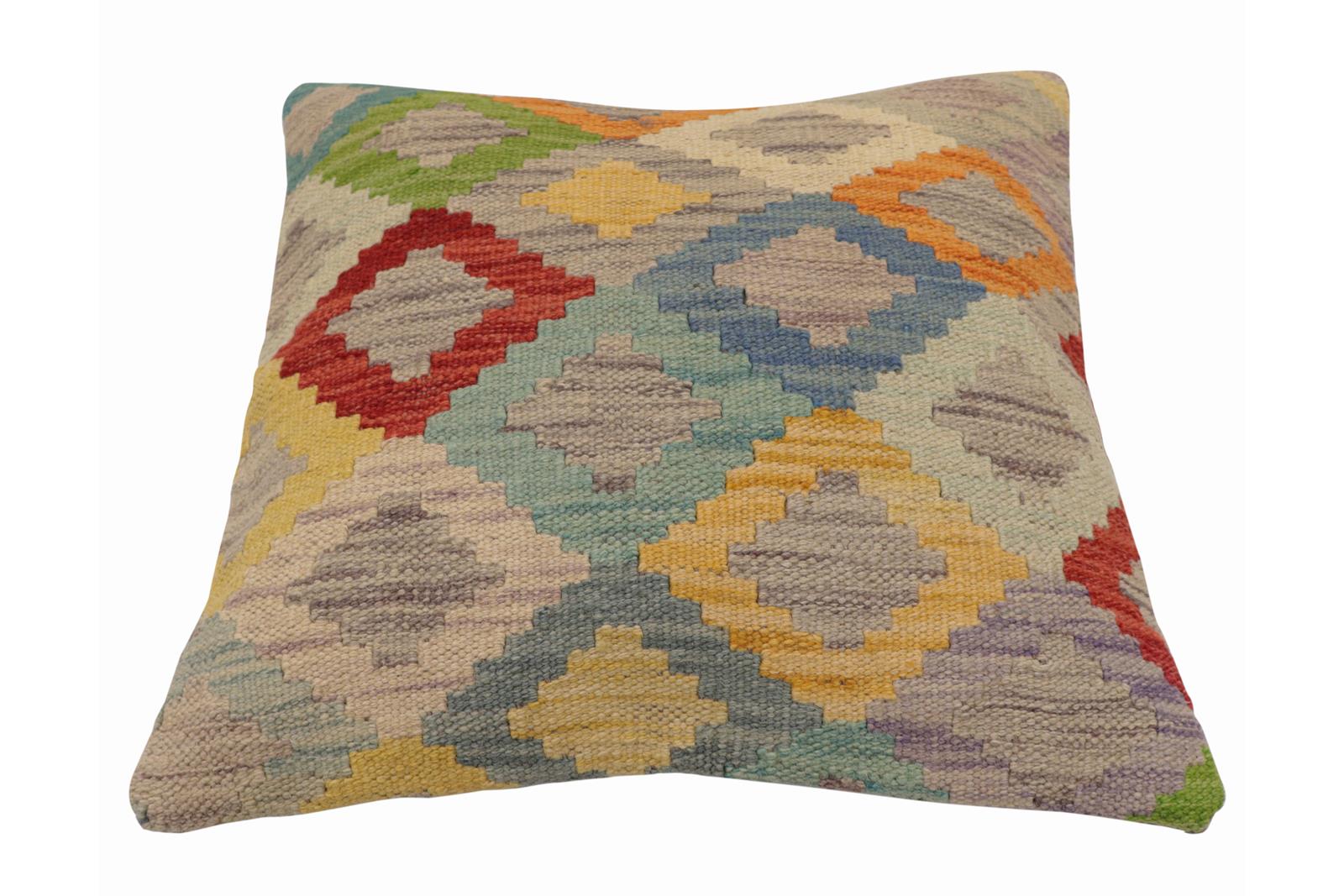 handmade Traditional Pillow Blue Red Hand-Woven SQUARE 100% WOOL Hand woven turkish pillow2' x 2'