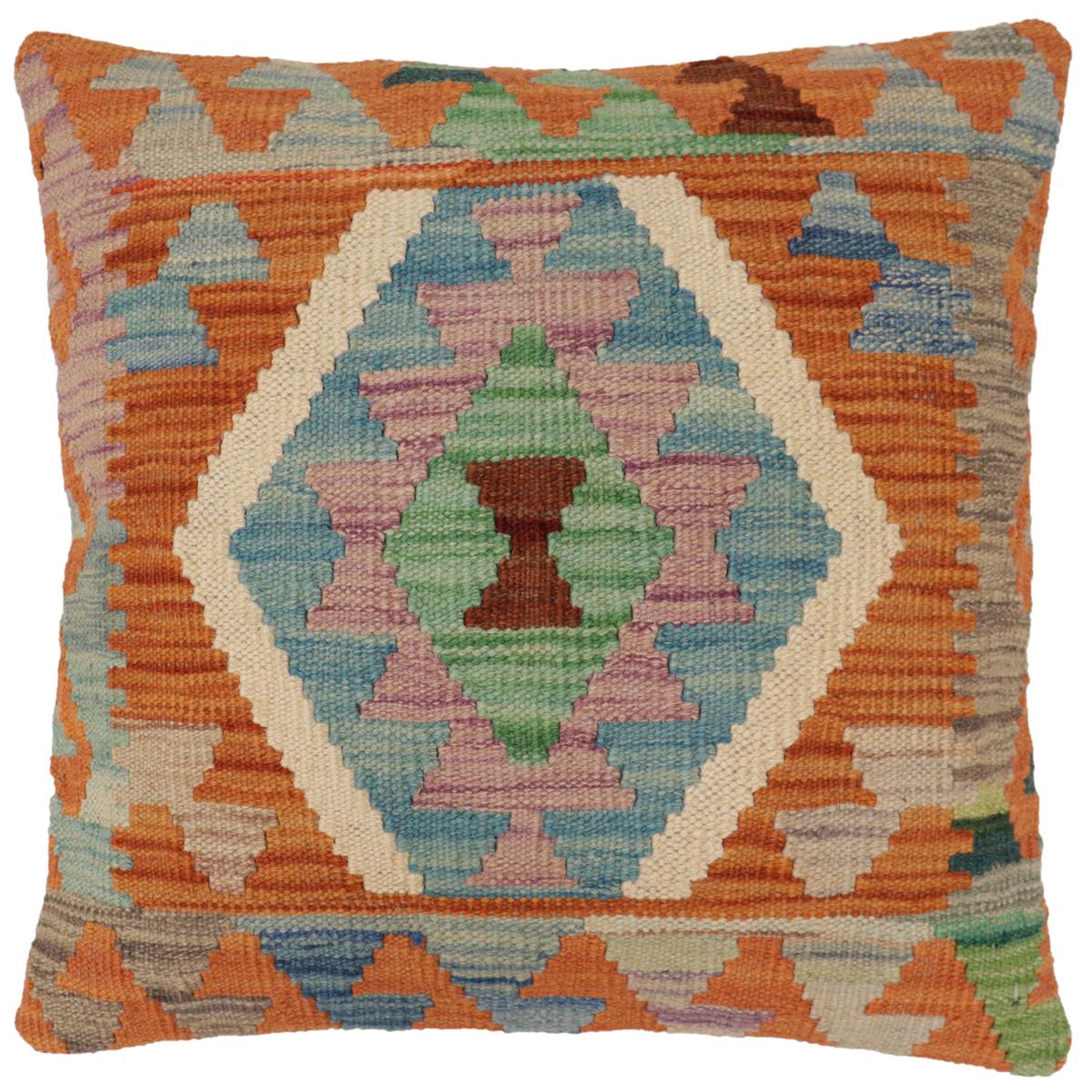 handmade Traditional Pillow Rust Blue Hand-Woven SQUARE 100% WOOL Hand woven turkish pillow2' x 2'