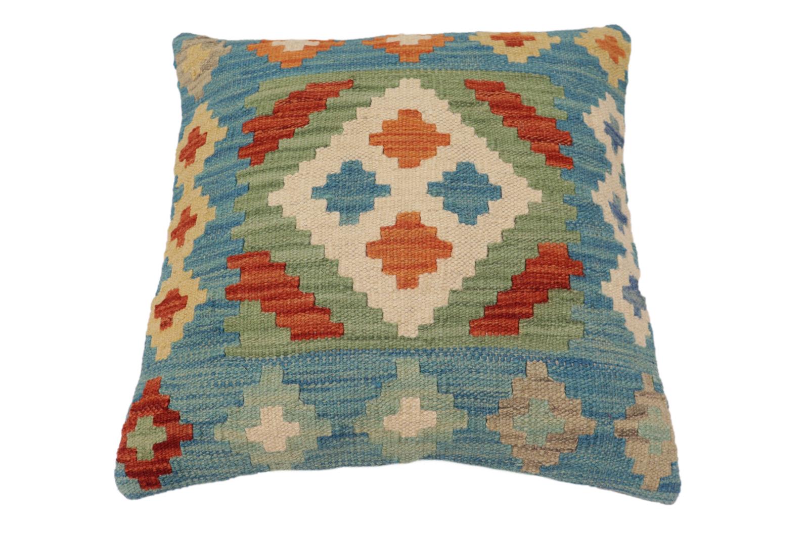handmade Traditional Pillow Blue Rust Hand-Woven SQUARE 100% WOOL Hand woven turkish pillow2' x 2'