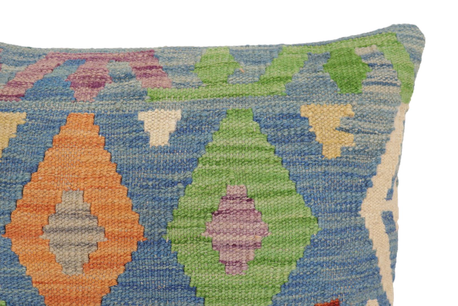 handmade Traditional Pillow Blue Rust Hand-Woven SQUARE 100% WOOL Hand woven turkish pillow2' x 2'
