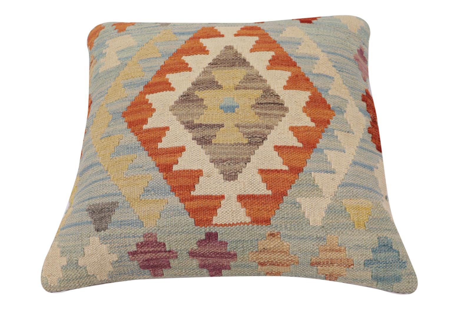 handmade Traditional Pillow Blue Rust Hand-Woven SQUARE 100% WOOL Hand woven turkish pillow2' x 2'