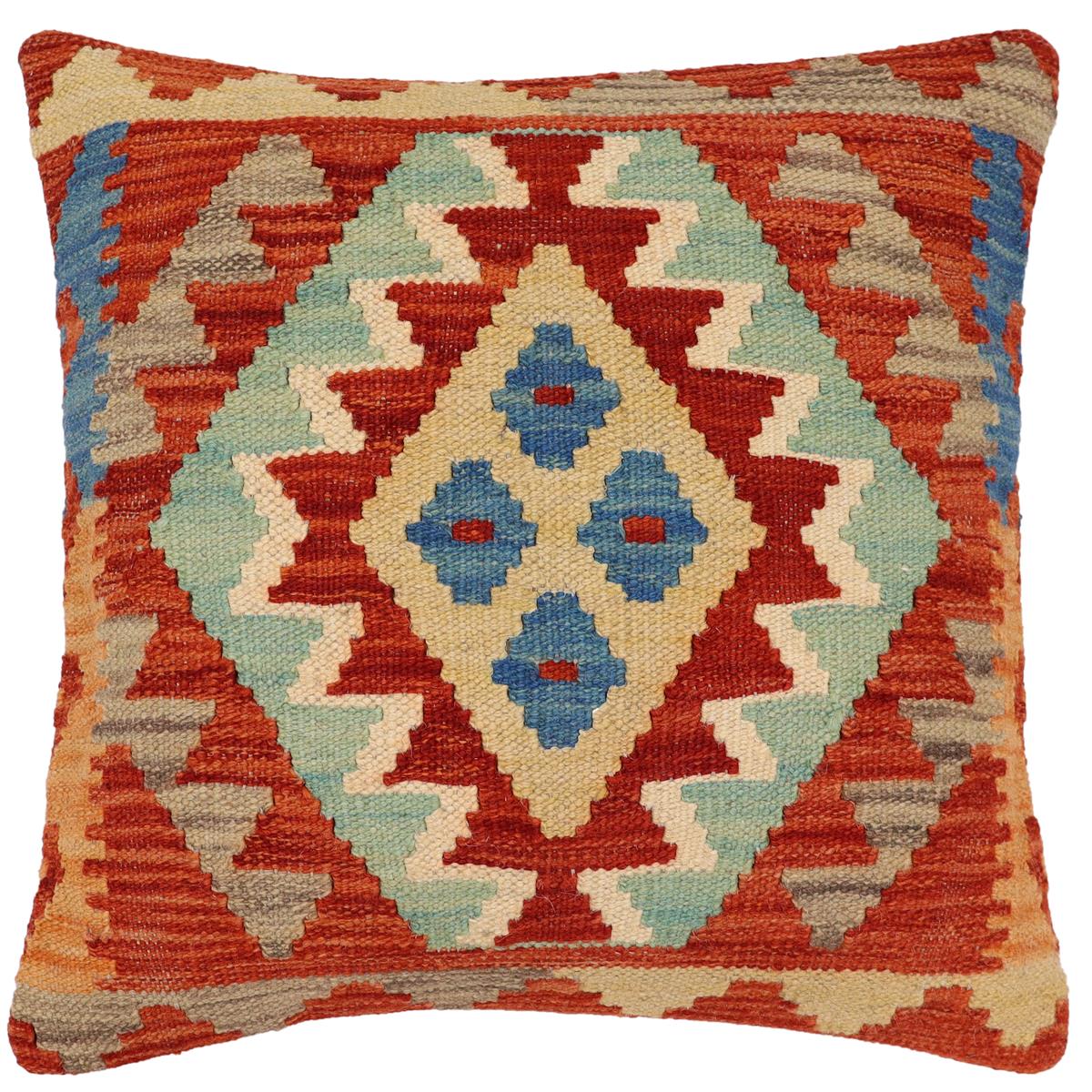 handmade Traditional Pillow Rust Blue Hand-Woven SQUARE 100% WOOL Hand woven turkish pillow2' x 2'