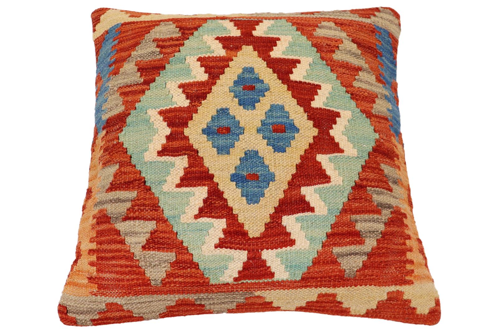 handmade Traditional Pillow Rust Blue Hand-Woven SQUARE 100% WOOL Hand woven turkish pillow2' x 2'