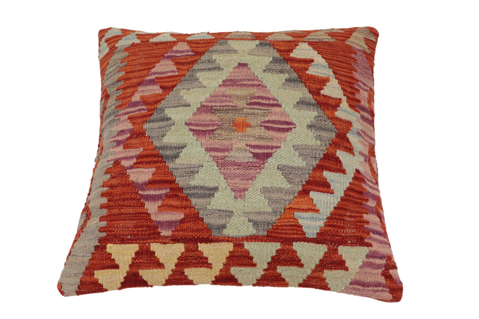 handmade Traditional Pillow Rust Blue Hand-Woven SQUARE 100% WOOL Hand woven turkish pillow2' x 2'