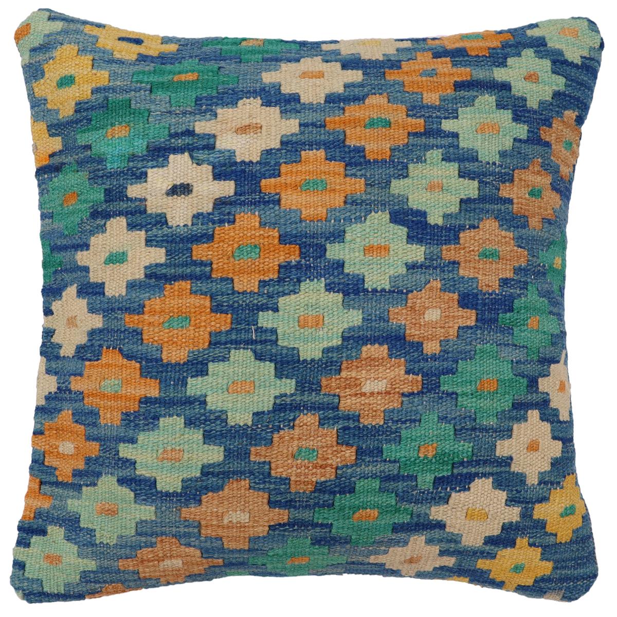 handmade Traditional Pillow Blue Beige Hand-Woven SQUARE 100% WOOL Hand woven turkish pillow2' x 2'