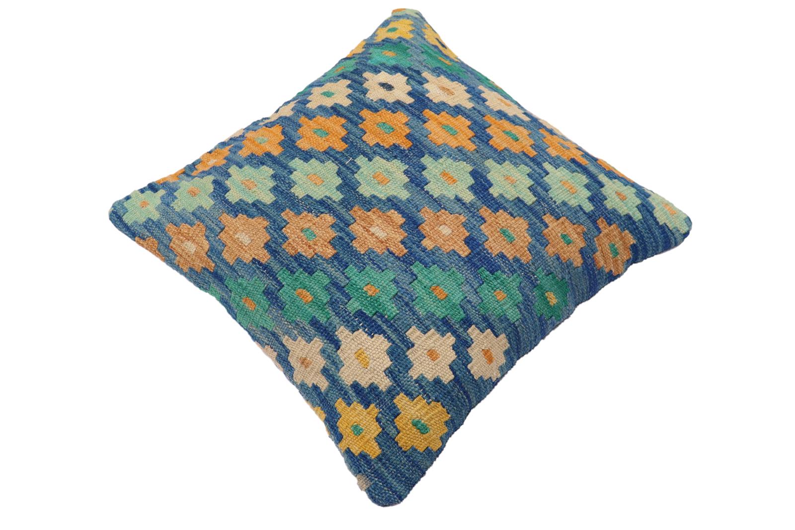 handmade Traditional Pillow Blue Beige Hand-Woven SQUARE 100% WOOL Hand woven turkish pillow2' x 2'