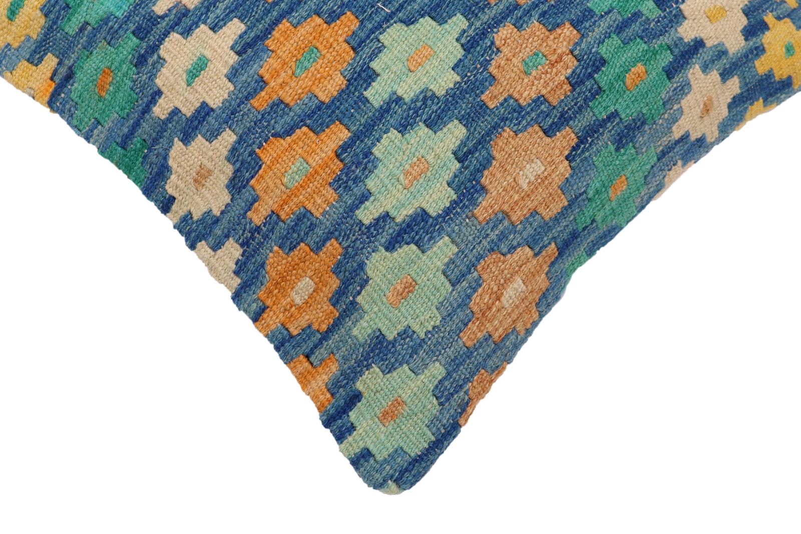 handmade Traditional Pillow Blue Beige Hand-Woven SQUARE 100% WOOL Hand woven turkish pillow2' x 2'