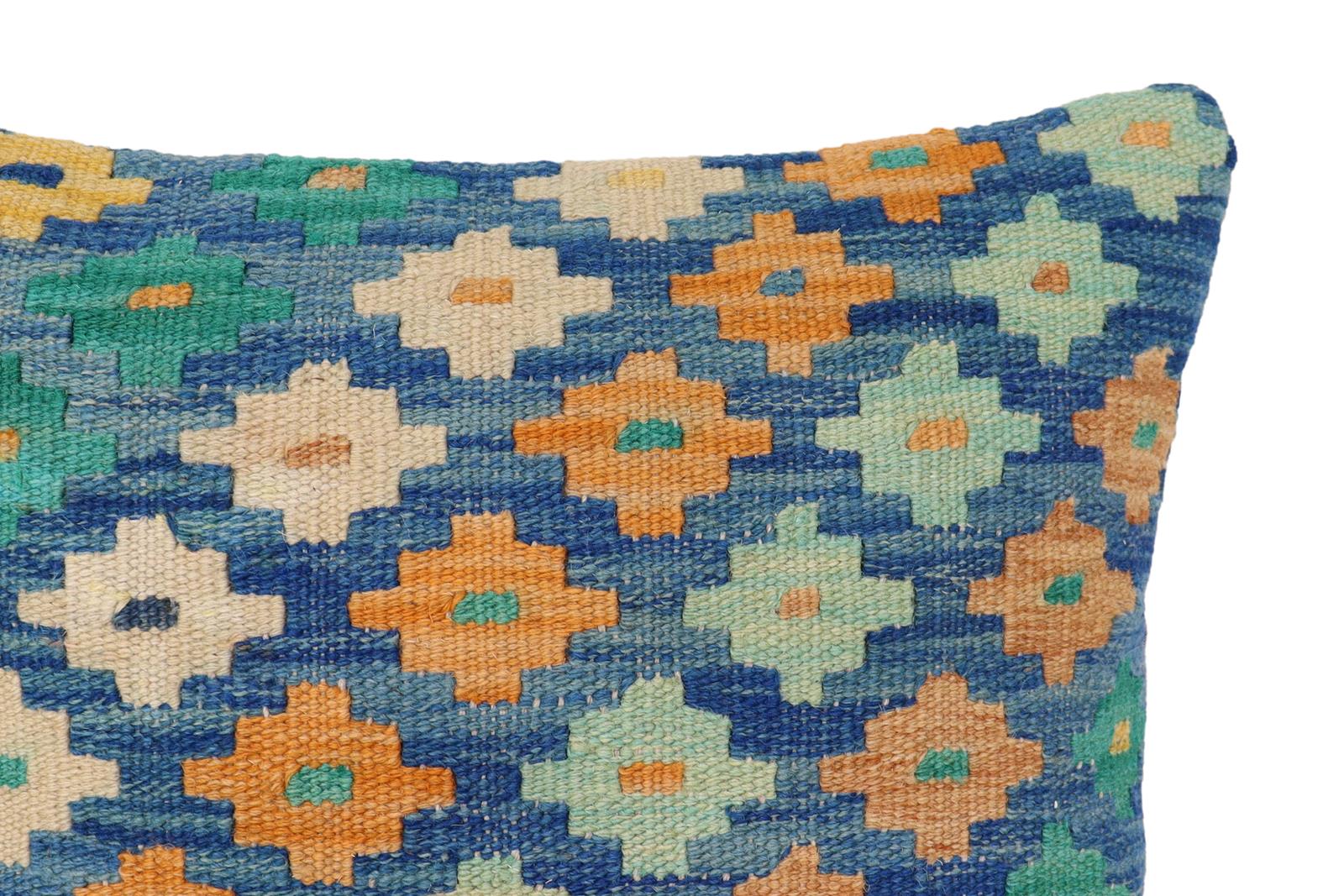 handmade Traditional Pillow Blue Beige Hand-Woven SQUARE 100% WOOL Hand woven turkish pillow2' x 2'