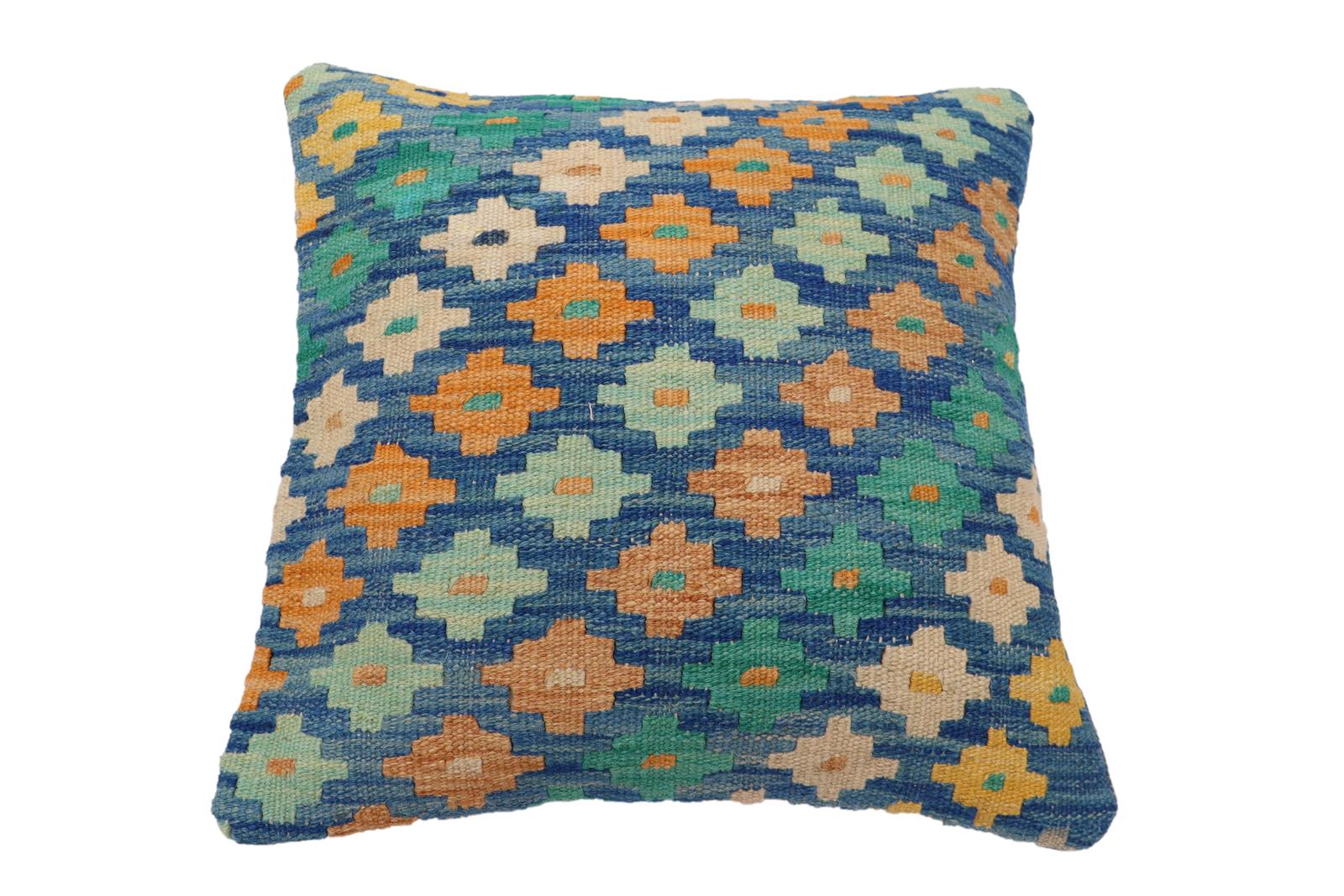 handmade Traditional Pillow Blue Beige Hand-Woven SQUARE 100% WOOL Hand woven turkish pillow2' x 2'